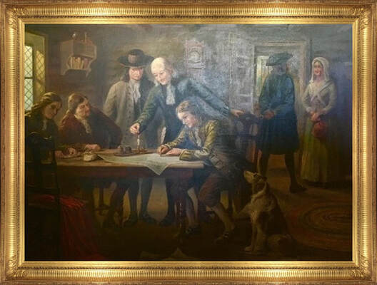 Painting depicting Mahlon Stacy son signing deed selling 800 acres at the Falls of the Delaware to William Trent by Trenton artist William Pedrick 1923